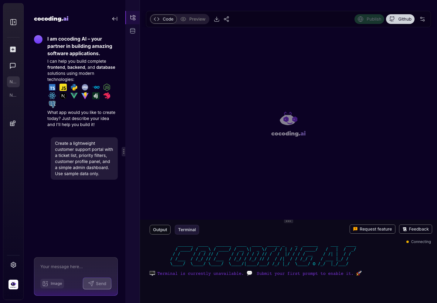 Cocoding AI terminal output panel used for troubleshooting